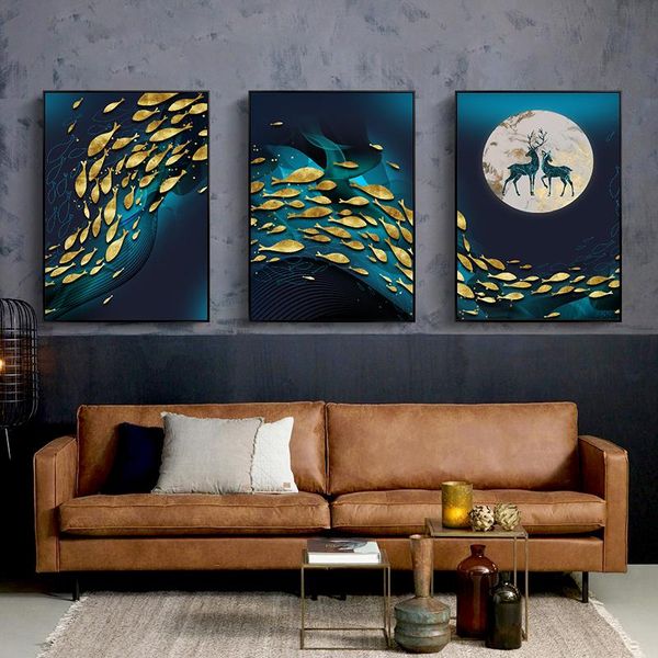 

Modern Abstract Landscape Art Blue Ocean Golden Fish Canvas Painting Wall Art Pictures for Living Room Home Decor (No Frame)