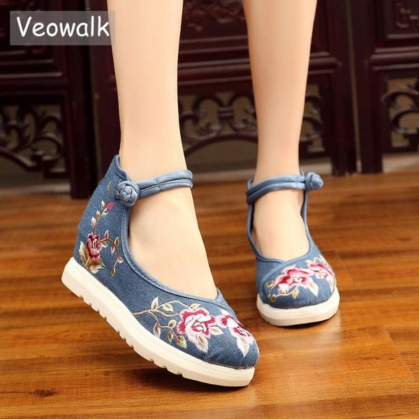 

veowalk women canvas elevator shoes hidden platform ladies casual sneakers handmade chinese style flower embroidered shoes, Black