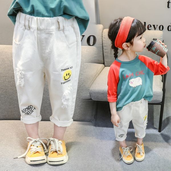 

children's and jeans jeans 2020 autumn new boys and girls casual cartoon letter printed denim loose straight pants, Blue