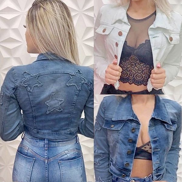 

2020 fashion jeans jacket women spring autumn pentagram hand brush long sleeve stretch short denim jacket white pink coats casual s 2xl, Black