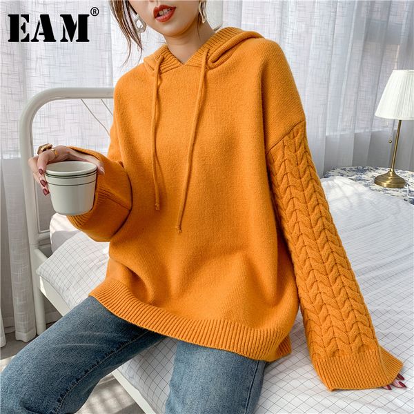 

eam] yellow big size knitting sweater loose fit hooded long sleeve women pullovers new fashion tide autumn winter 2020 1y189, White;black