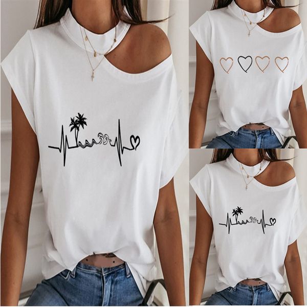 

floral womens tshirts summer crew neck casual halter womens designer t shirts short sleeve straight loose solid color, White