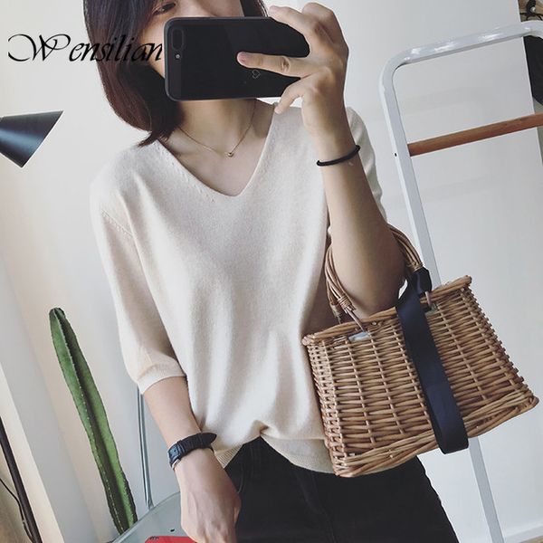 

cotton t shirts women half sleeve casual harajuku shirts basic fashion tshirt v-neck knitted t-shirt camiseta feminina 2020, White