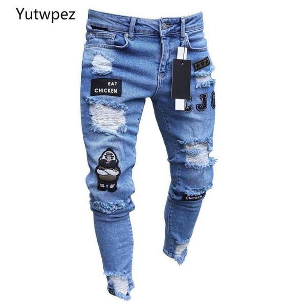 

2020 men jean stretchy ripped skinny biker embroidery print jeans destroyed hole taped slim fit denim scratched, Blue