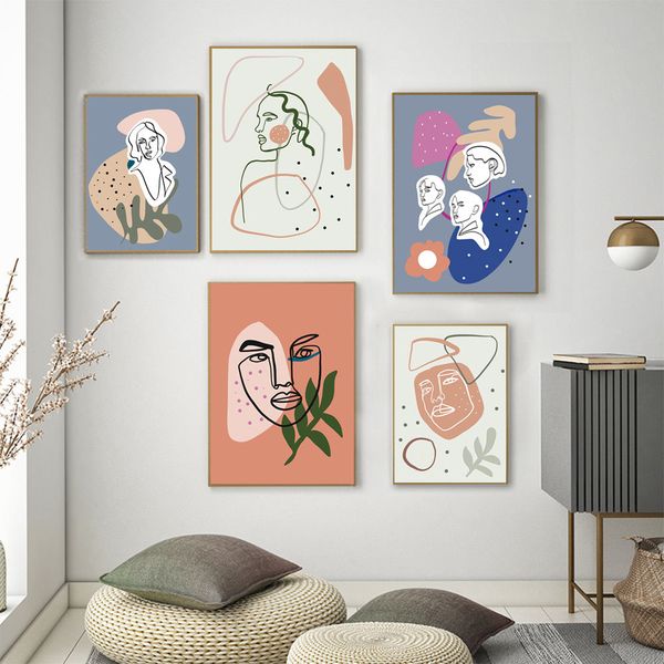 

boho art painting abstract poster girl face line pictures print geometry paintings vintage posters and prints living room decor