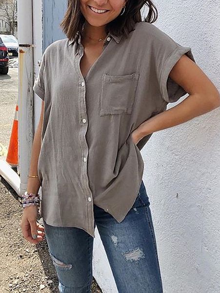 

2019 short sleeve pocket plus size solid color women's 2019 short sleeve pocket plus size solid color women's shirt shirt, White