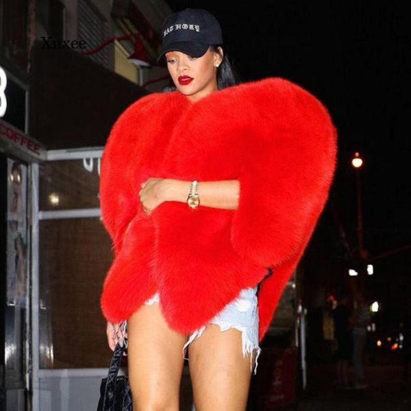 

plus 3d red love heart shaped cape faux fur thick warm celebrity women long hairy shaggy coat jacket outerwear winter top, Black