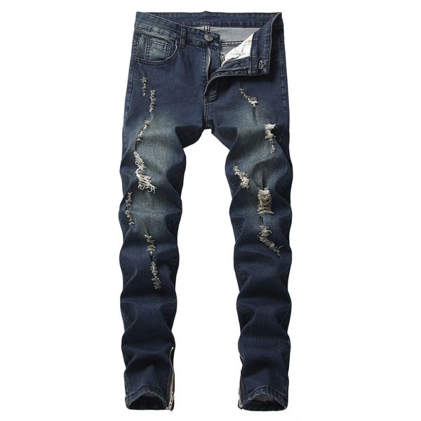 

разорванные джинсы для мужчин осень деним straight ripped hole брюки проблемные джинсы homme брюки джинсовые падения груза, Blue