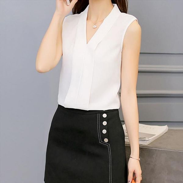 

summer elegant women blouses office lady sleeveless chiffon blouses v neck work wear shirt bluse for femme, White