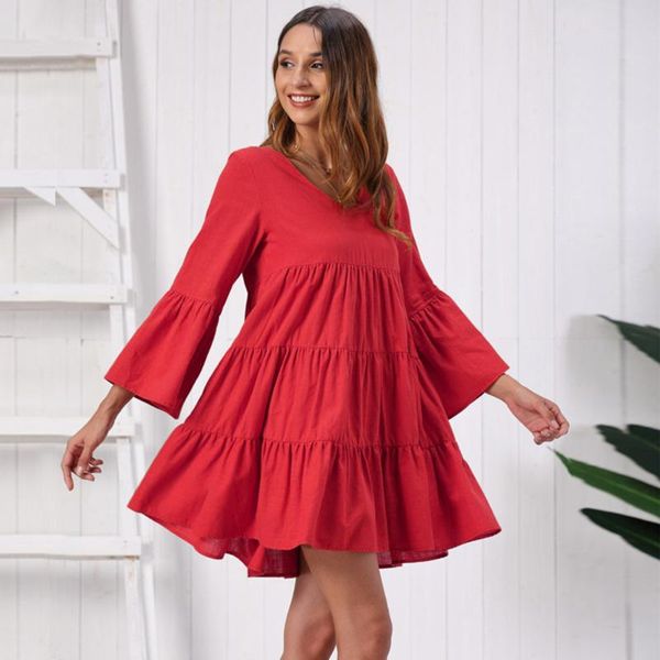 

solid mini dress v neck long sleeve cotton vintage vestidos spring beach loose casual boho clothes 2020 short women dresses, Black;gray