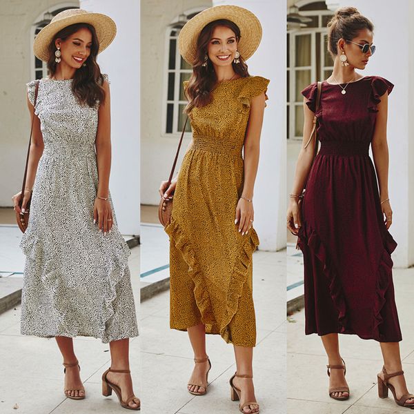 

2020 summer new fashion design women dress o neck ruffled slim chiffon leopard print sleeveless a line long dress female cloth, Black;gray