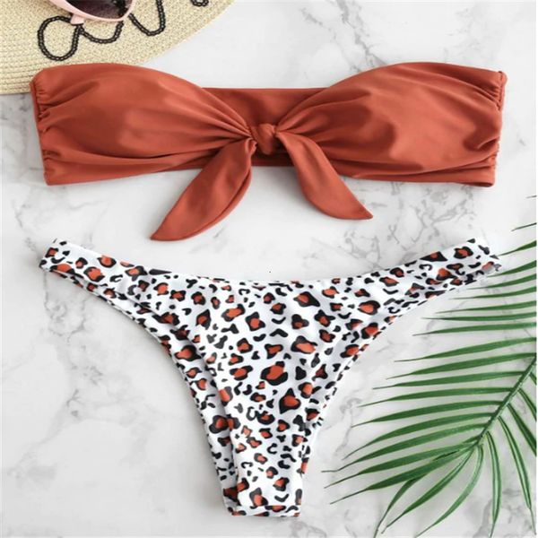 

chestnut red low waist swimsuit women fashion beach nylon bikini leopard tied bandeau bikini set holiday bathing suit, White;black