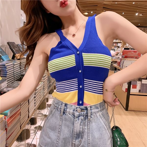 

striped knitted female wear 2020 vest vest summer new internet celebrity slim sleeveless t-shirt loose bfwind student top, Camo