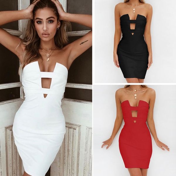 

2020 women strapless party mini dress summer black white elegant bandage dress hollow out slim vestidos ladies club dresses, Black;gray