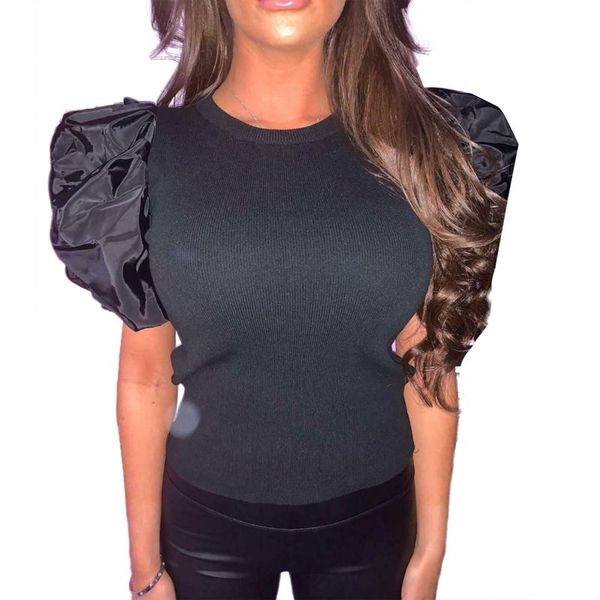 

women's t-shirt fashion women ladies summer lace short puff sleeve slim casual round collar black orange white red