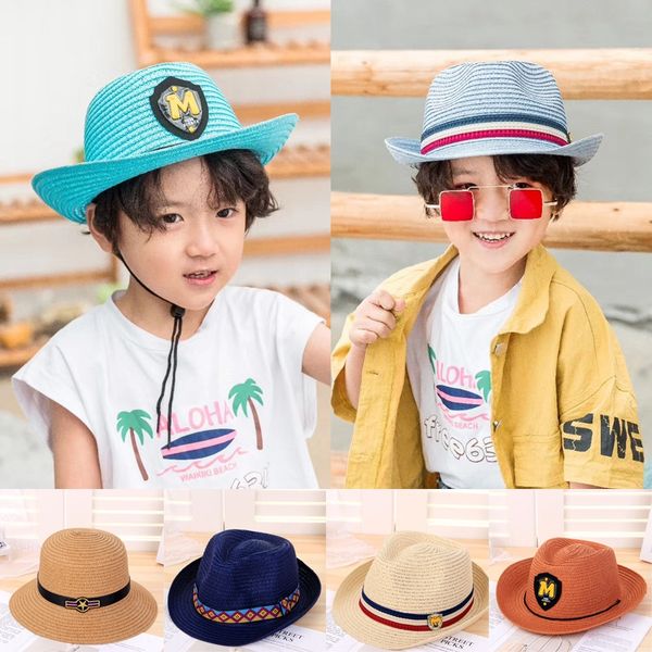 

children's straw summer boy's big eaves beach korean-style baby straw sunscreen jazz hat breathable travel sunscreen hat, Blue;gray