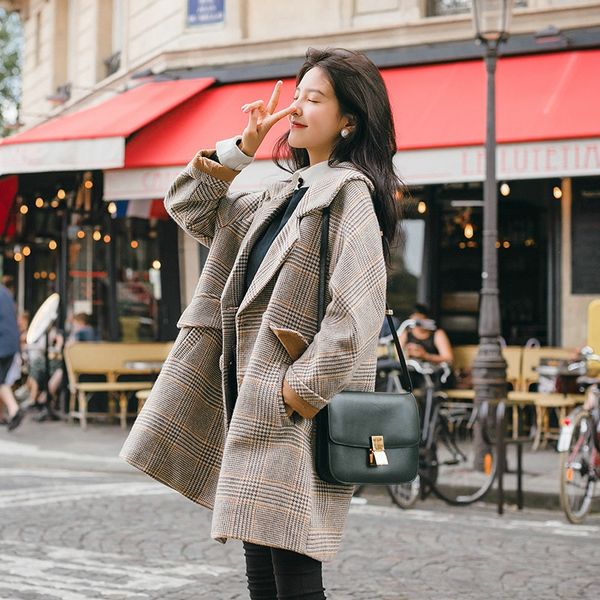 

2020 new spring plaid loose woolen elegant small women's coat wool coat mid-length petite high, Black