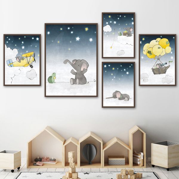 

мультфильм слон moon star baby animals wall art холст картина скандинавских плакатов и печать wall picture for kids room home decor