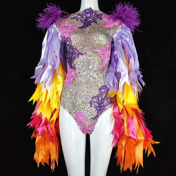

stage wear sparkly rhinestones mixed color ribbon sleeve bodysuit party celebrity outfit bar nightclub dance costume performance, Black;red