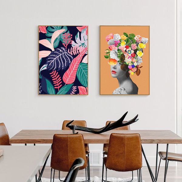 

fashion poster orange lady canvas painting flower wall art print leaves modern picture for living room on the wall home decor