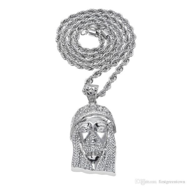 

religious jewelry gold plated jesus head necklace hip hop pave crystal rhinestone jesus head pendant necklace, Silver
