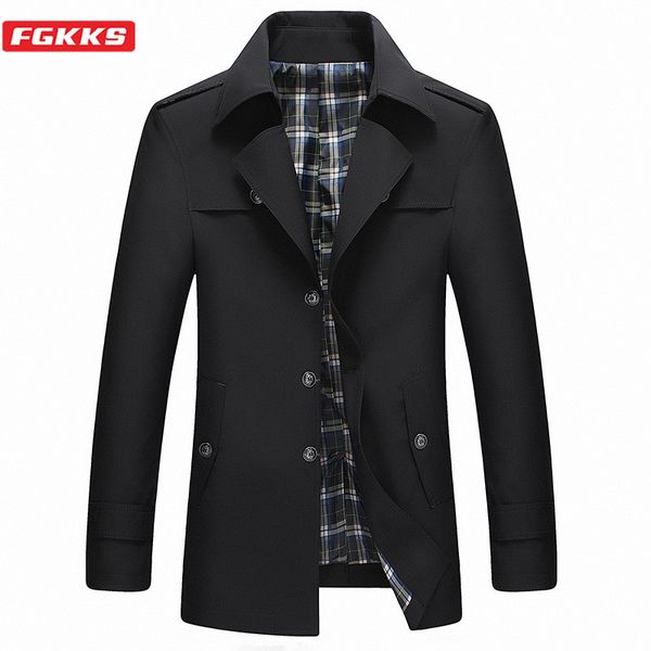 

fgkks autumn new solid trench men trend brand men's business casual turn-down collar trench comfortable slim coat male, Tan;black