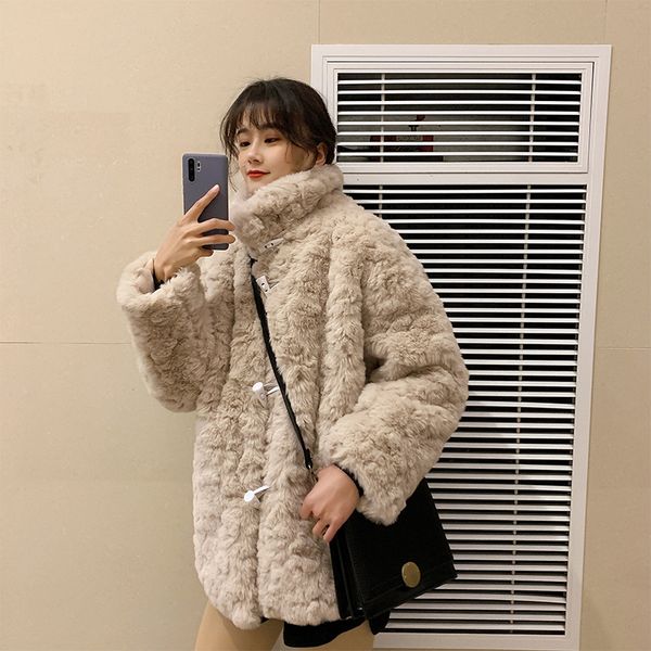 

winter faux lamb wool jacket women thick warm faux fur coat long sleeve horn button autumn fashion casual streetwear female, Black