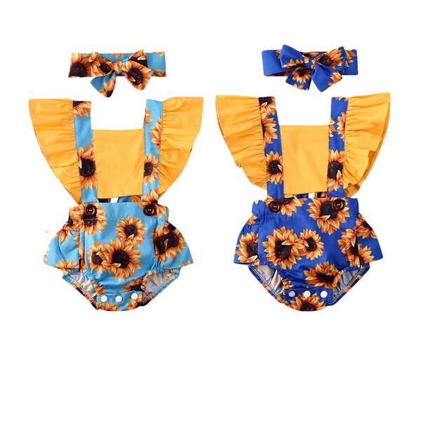 

0-24m infant baby girl bodysuits headband sunflower print ruffle short sleeve romper jumpsuit 2pcs outfits clothes summer, Blue