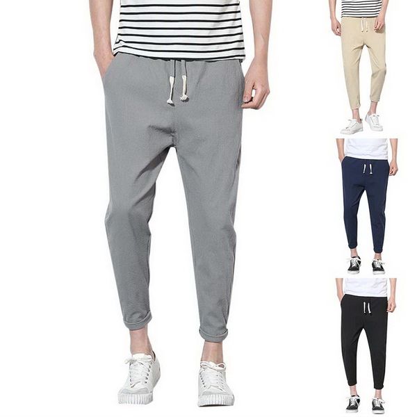 

men's pants lightweight summer casual cotton trousers elastic waist ankle-length man's, Black