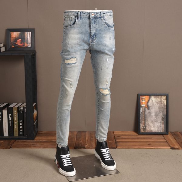 

men's jeans men summer thin light blue ripped hole casual wash jean