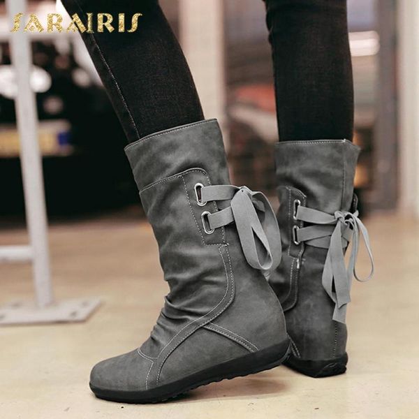 

sarairis 2020 dropship big size 43 flat slip on cross-knot winter shoes women vintage mid-calf boots female, Black