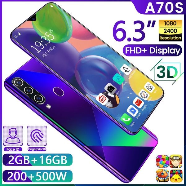 

a70s cross-border mobile phone 6.3-inch water drop screen true fingerprint android smartphone 2+16 oem available