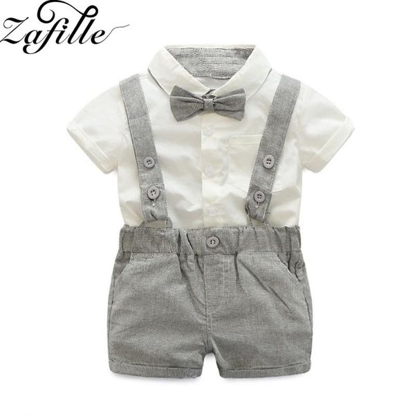 

zafille 2020 baby boy clothes set short sleeve bow tie deco shirt+solid overalls outfits for toddler boy gentleman boys suits, White
