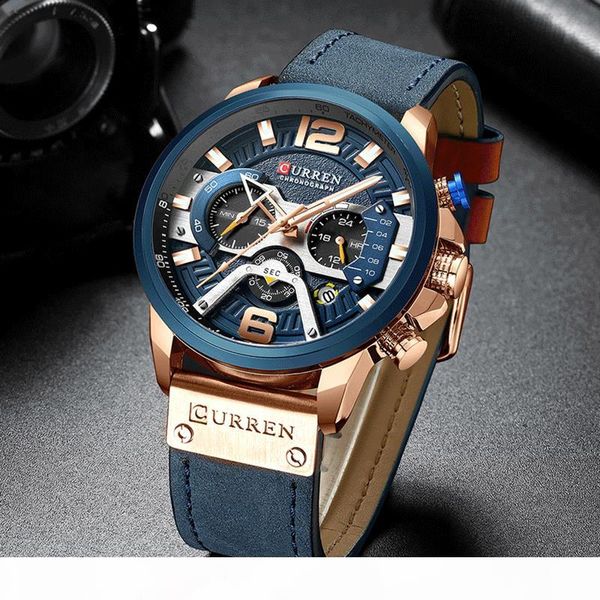 

curren 8329 casual спортивных часов для мужчин синего military кожи наручных часов люди часы мода хронограф наручных часов, Slivery;brown