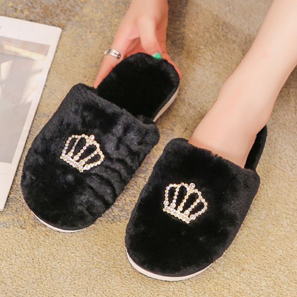 

crystal crown winter plush slippers woman flip flops shoes women sandals zapatos mujer cover toe flat furry indoor slides 2020, Black