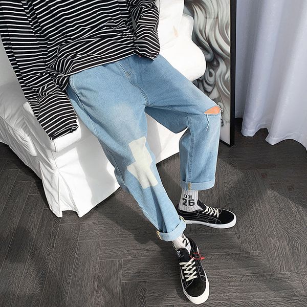 

men's jeans 2021 fahion loose straight hip hop streetwear ankle-length hole sports casual pants homme male puls size -3xl, Blue