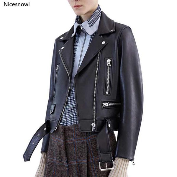 

autumn leather jacket women black faux leather jackets female zipper basic coat turn-down collar motor biker jacket with belt