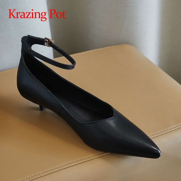 

krazing pot genuine leather three colors dance party pointed toe med thin heels buckle straps beauty lady dating women pumps l52, Black