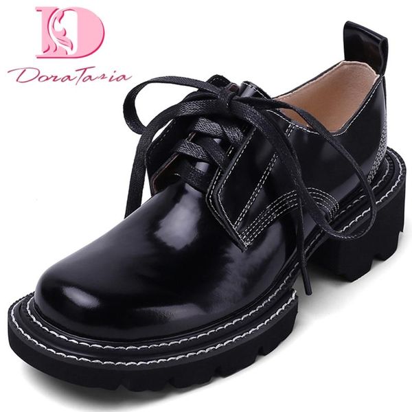 

doratasia 2020 square heels big size 42 genuine leather women shoes lace up natural cow skin spring pumps, Black