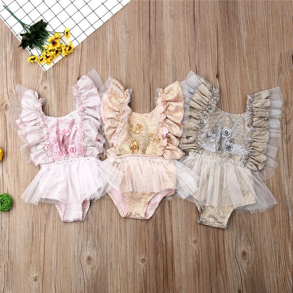 

baby girls bodysuits summer new baby girls clothes floral casual sleeveless lace bodysuit jumpsuit newborn infant clothing, Blue