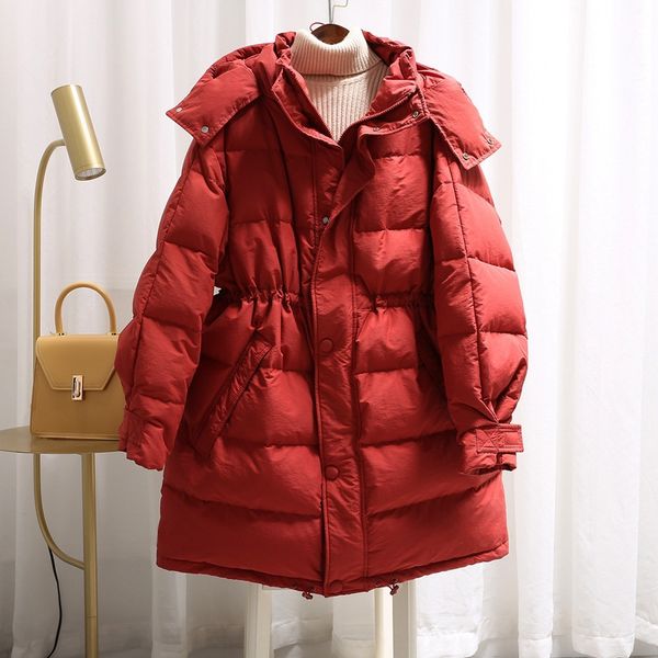 

korean east gate drawstring waist red loose women's mid-length 2020 winter down jacket coat down jacket new small coat, Black