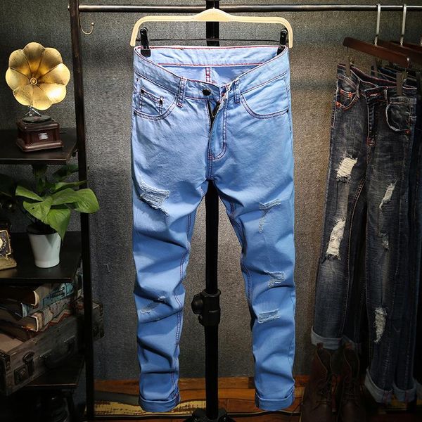 

men's loose straight jeans mens retro denim pants biker jeans, Blue