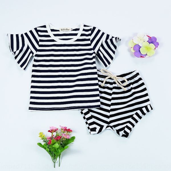 

knci5 new korean style girl summer cotton trumpet sleeve horn children's clothing horn striped t-shirt baby girl knitted short sleeve t, Blue