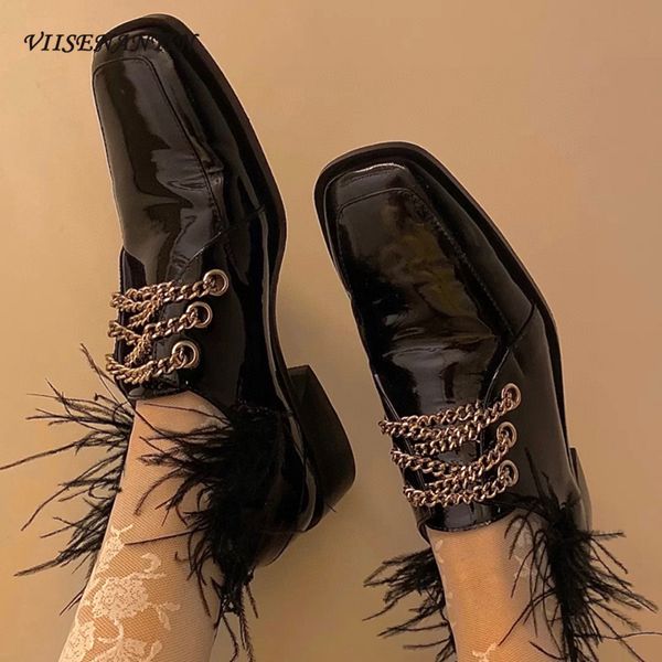 

ostrich hair women british style leather shoes squared toe shiny black metal chain decoration autumn new arrival shoe loafers