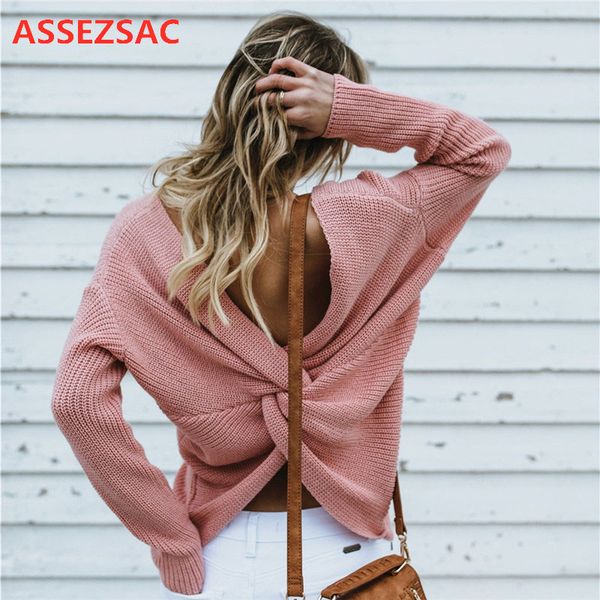 

assezsac 2020 новый свитер женщины осень зима sexy backless крест пуловер перемычка вязание сыпучие одежда мода зимний свитер, White;black