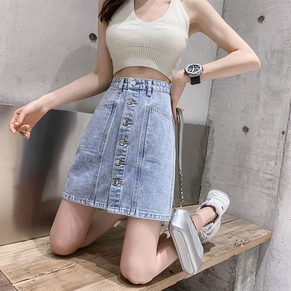 

2020 new korean denim skirtstyle aline slimming high waist denim skirt fashionable single-breasted hip skirt for women, Black