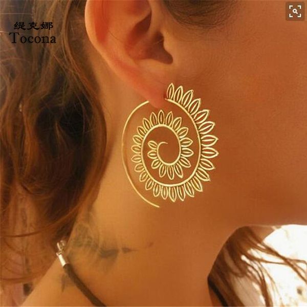 

punk hollow out spiral drop earrings women gold sliver color circle leaves piercing dnagle earrings trendy jewelry 4510, Golden