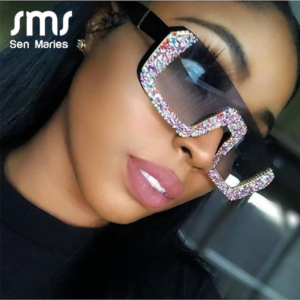 

luxury crystal square sunglasses women brand designer half frame oversized rhinestone sunglasses men eyeglasses for female uv400, Blue