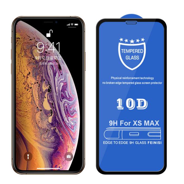 Cell Phone 10D Full Cover Screen Protector 9H Vetro temperato Fibra di carbonio per iPhone X 6 6s 7 8 Plus Xs Max