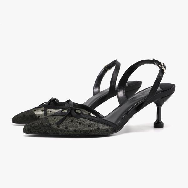 

2020 summer breathable pointed mesh bow buckle young fashion women's slim fashion thin heeled high-heeled sandals, Black